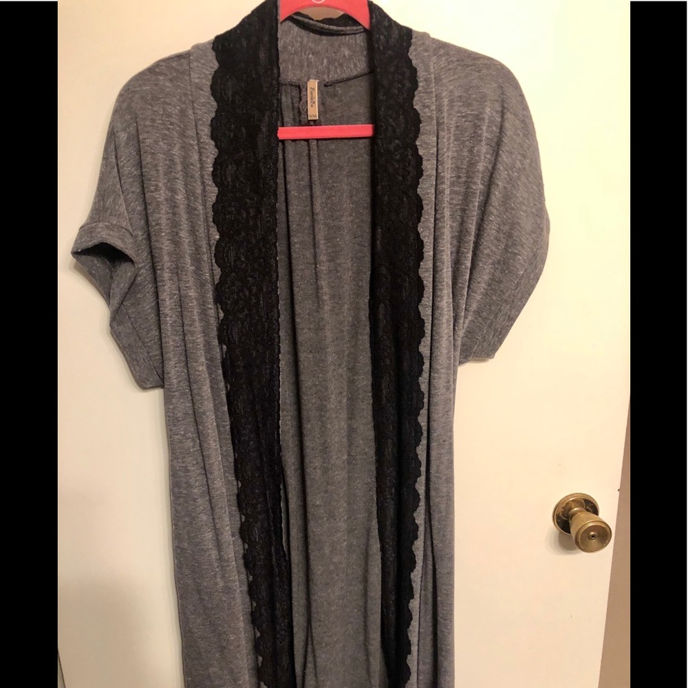 Lace Trim Grey Cardigan Belted Sweater lucirla